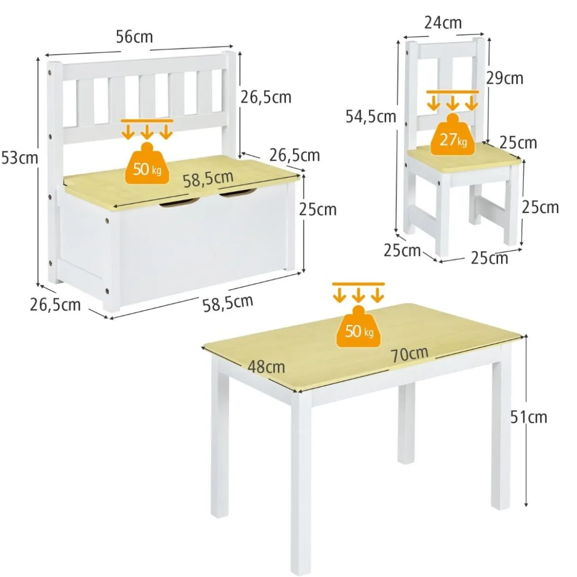 4-teiliges Tisch- und Stuhl-Set für Kinder 2 in 1 Set aus Holz für Kleinkinder Natur + Weiß