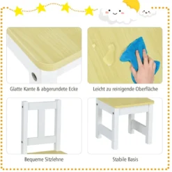 4-teiliges Tisch- und Stuhl-Set für Kinder 2 in 1 Set aus Holz für Kleinkinder Natur + Weiß