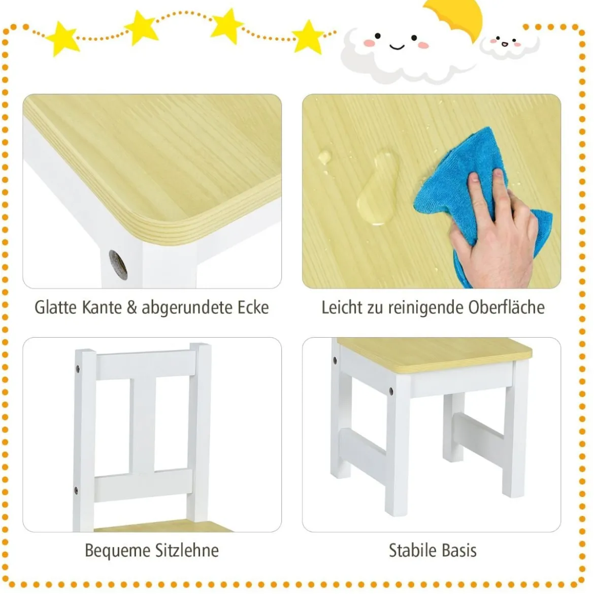 4-teiliges Tisch- und Stuhl-Set für Kinder 2 in 1 Set aus Holz für Kleinkinder Natur + Weiß