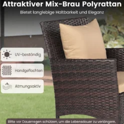 3 Teilig Gartenmöbel Set 2 Rattanstühle Glas Tisch Kissen Outdoor für Garten Veranda Poolbereich Beige