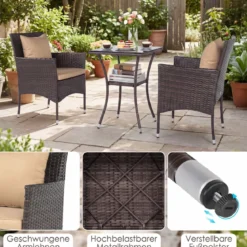 3 Teilig Gartenmöbel Set 2 Rattanstühle Glas Tisch Kissen Outdoor für Garten Veranda Poolbereich Beige