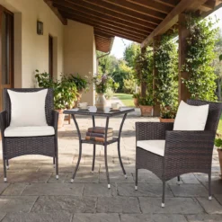3 Teilig Gartenmöbel Set 2 Rattanstühle Glas Tisch Kissen Outdoor für Garten Veranda Poolbereich Off-White