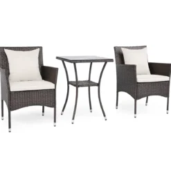 3 Teilig Gartenmöbel Set 2 Rattanstühle Glas Tisch Kissen Outdoor für Garten Veranda Poolbereich Off-White