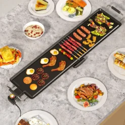 Teppanyaki Grill 1800W Elektrische Grillplatte Antihaft Tischgrill mit Einstellbarer Temperatur Thermostat und Fettauffangschale 90cm