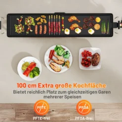 Teppanyaki Grill 1800W Elektrische Grillplatte Antihaft Tischgrill mit Einstellbarer Temperatur Thermostat und Fettauffangschale 100cm