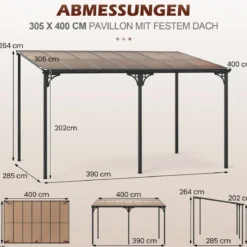 Terrassenüberdachung 3 x 4 m Pergola mit schrägen Polycarbonat-Dach freistehendes Terrassendach zur Wandmontage Pavillon für Terrasse