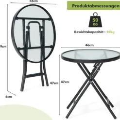 Terrassen-Esstisch Runder Glastisch mit Tischplatte aus Gehärtetem Glas 46,5 x 46,5 x 47,5 cm Schwarz