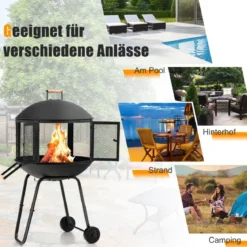 Terrassenfeuerstelle mit Rädern & Griff Feuerschale 2-türiges Design Funkenschutz 69 x 56 x 108 cm Schwarz