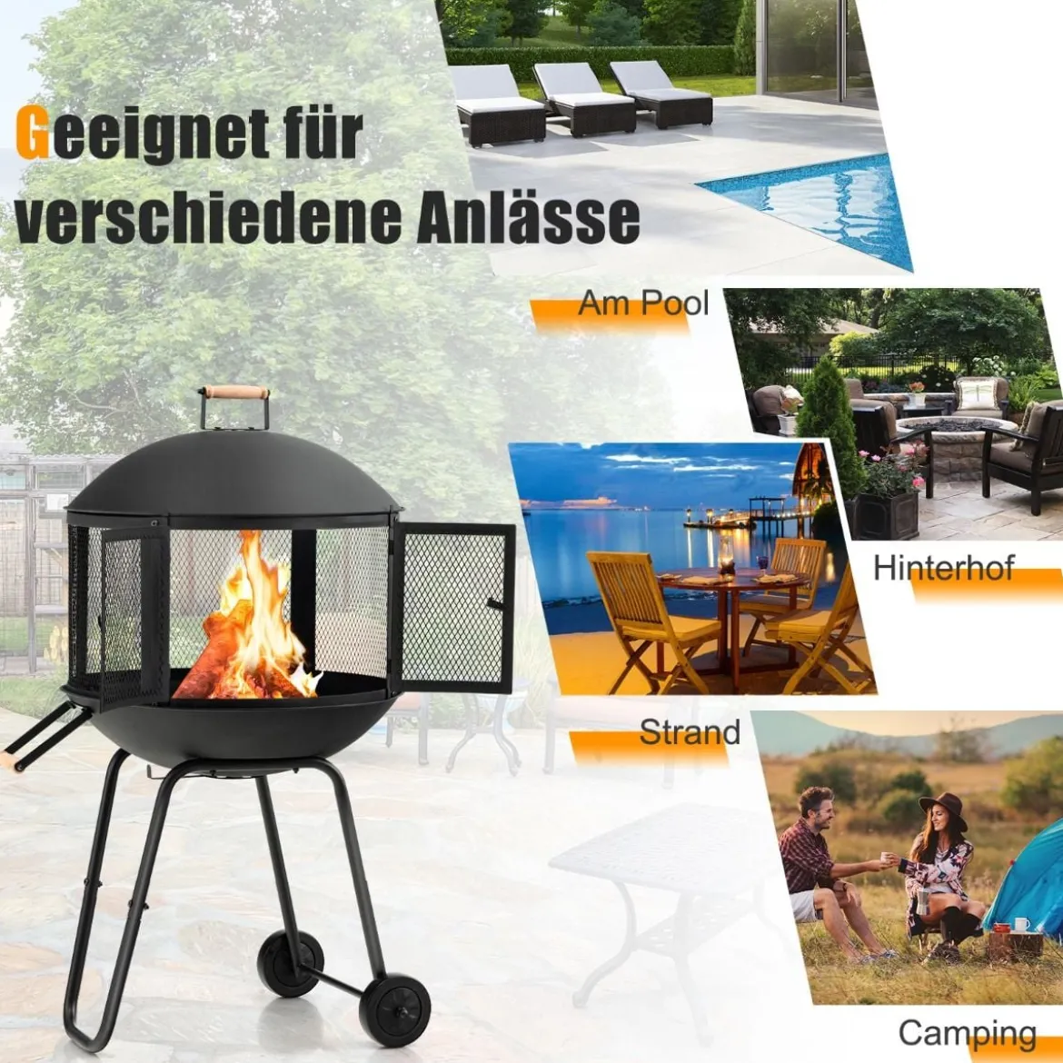 Terrassenfeuerstelle mit Rädern & Griff Feuerschale 2-türiges Design Funkenschutz 69 x 56 x 108 cm Schwarz