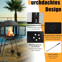 Terrassenfeuerstelle mit Rädern & Griff Feuerschale 2-türiges Design Funkenschutz 69 x 56 x 108 cm Schwarz