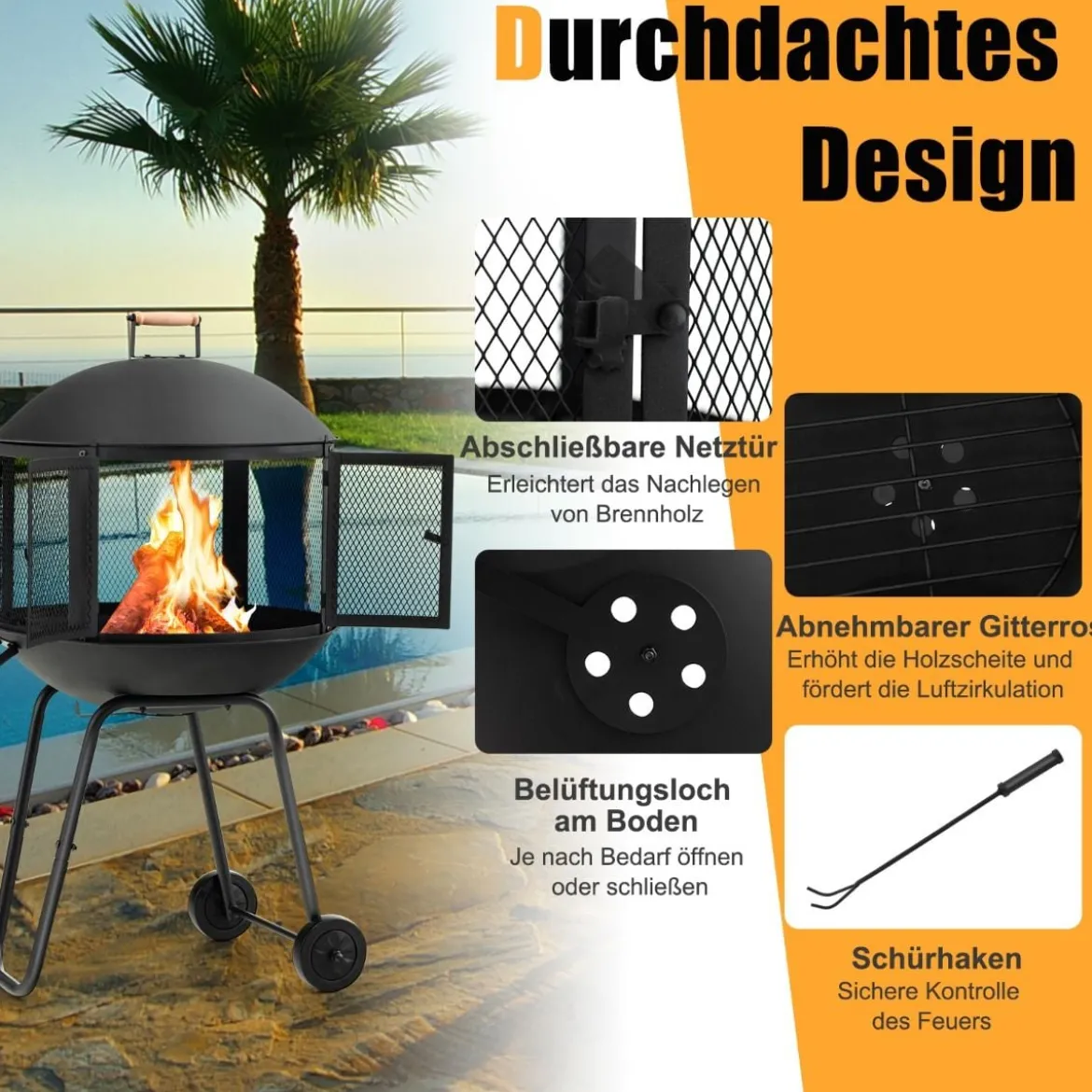 Terrassenfeuerstelle mit Rädern & Griff Feuerschale 2-türiges Design Funkenschutz 69 x 56 x 108 cm Schwarz