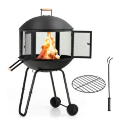 Terrassenfeuerstelle mit Rädern & Griff Feuerschale 2-türiges Design Funkenschutz 69 x 56 x 108 cm Schwarz