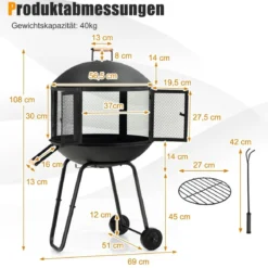 Terrassenfeuerstelle mit Rädern & Griff Feuerschale 2-türiges Design Funkenschutz 69 x 56 x 108 cm Schwarz