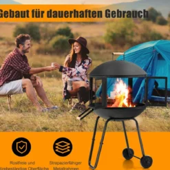 Terrassenfeuerstelle mit Rädern & Griff Feuerschale 2-türiges Design Funkenschutz 69 x 56 x 108 cm Schwarz