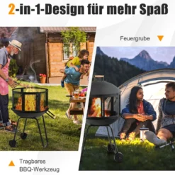 Terrassenfeuerstelle mit Rädern & Griff Feuerschale 2-türiges Design Funkenschutz 69 x 56 x 108 cm Schwarz