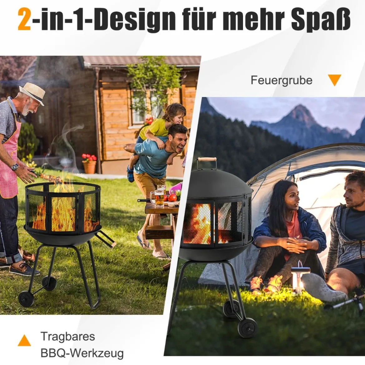 Terrassenfeuerstelle mit Rädern & Griff Feuerschale 2-türiges Design Funkenschutz 69 x 56 x 108 cm Schwarz