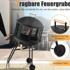 Terrassenfeuerstelle mit Rädern & Griff Feuerschale 2-türiges Design Funkenschutz 69 x 56 x 108 cm Schwarz