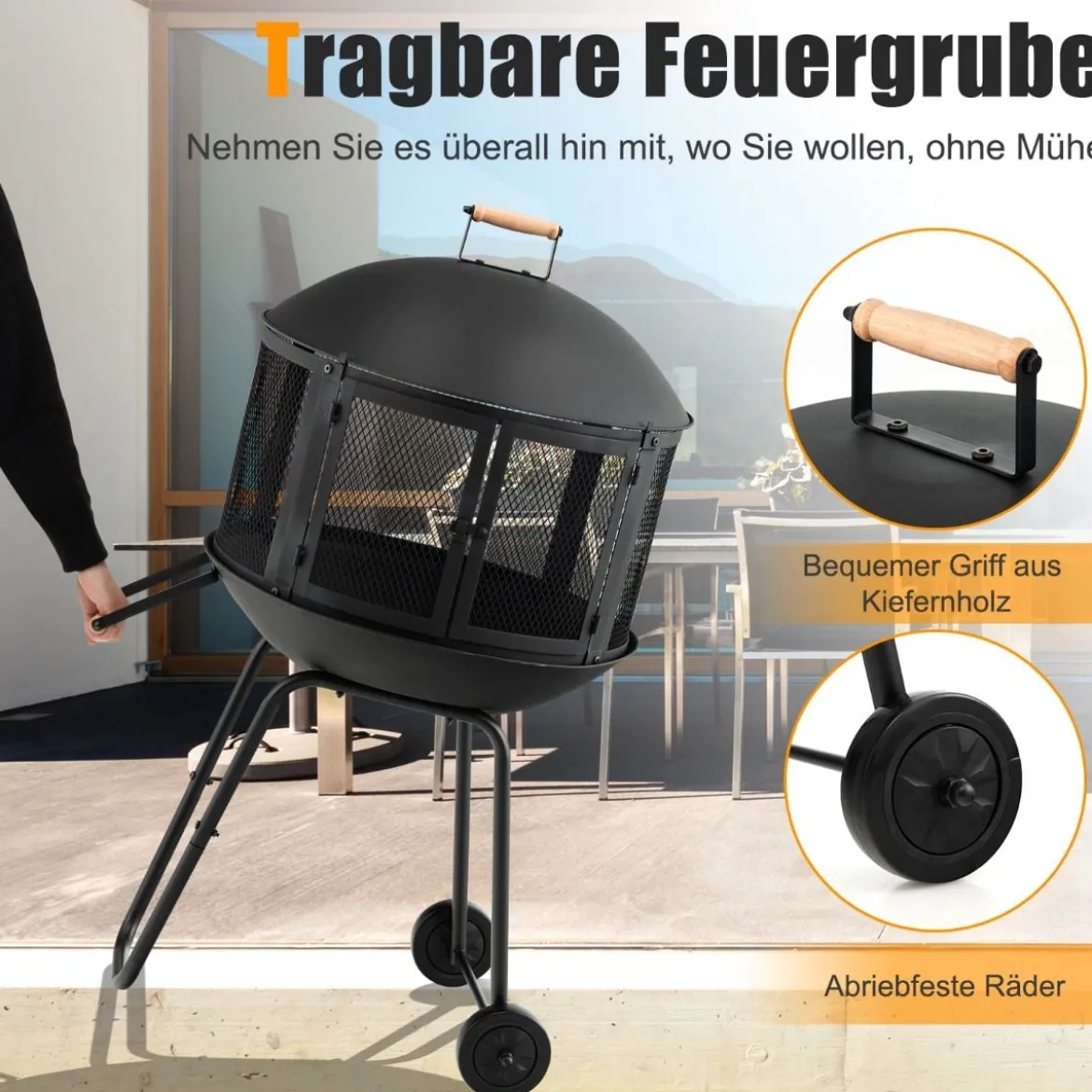 Terrassenfeuerstelle mit Rädern & Griff Feuerschale 2-türiges Design Funkenschutz 69 x 56 x 108 cm Schwarz