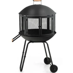 Terrassenfeuerstelle mit Rädern & Griff Feuerschale 2-türiges Design Funkenschutz 69 x 56 x 108 cm Schwarz