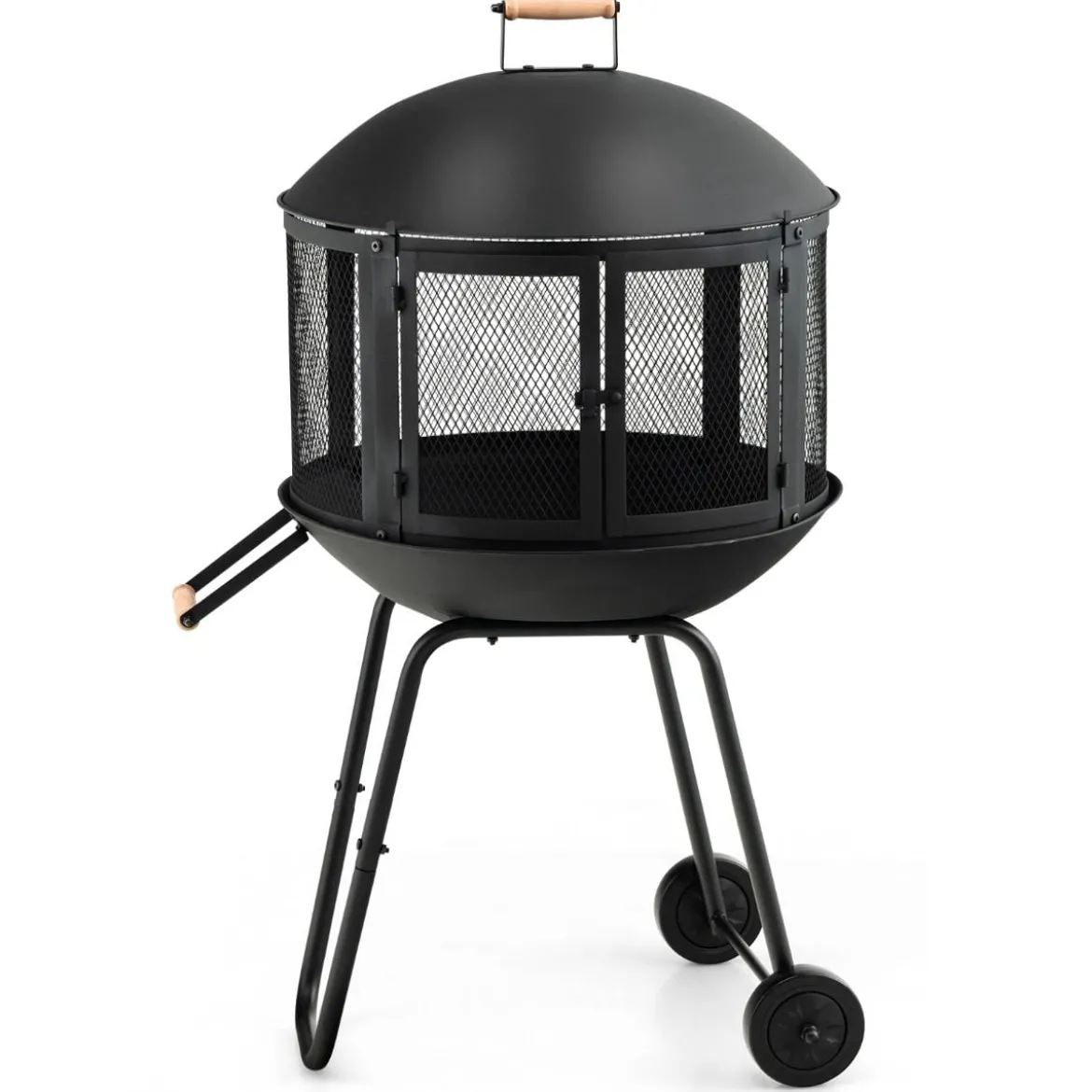 Terrassenfeuerstelle mit Rädern & Griff Feuerschale 2-türiges Design Funkenschutz 69 x 56 x 108 cm Schwarz