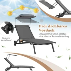 Terrassenliege Outdoor-Liegestuhl mit Rädern Strandliege aus Metall Grau