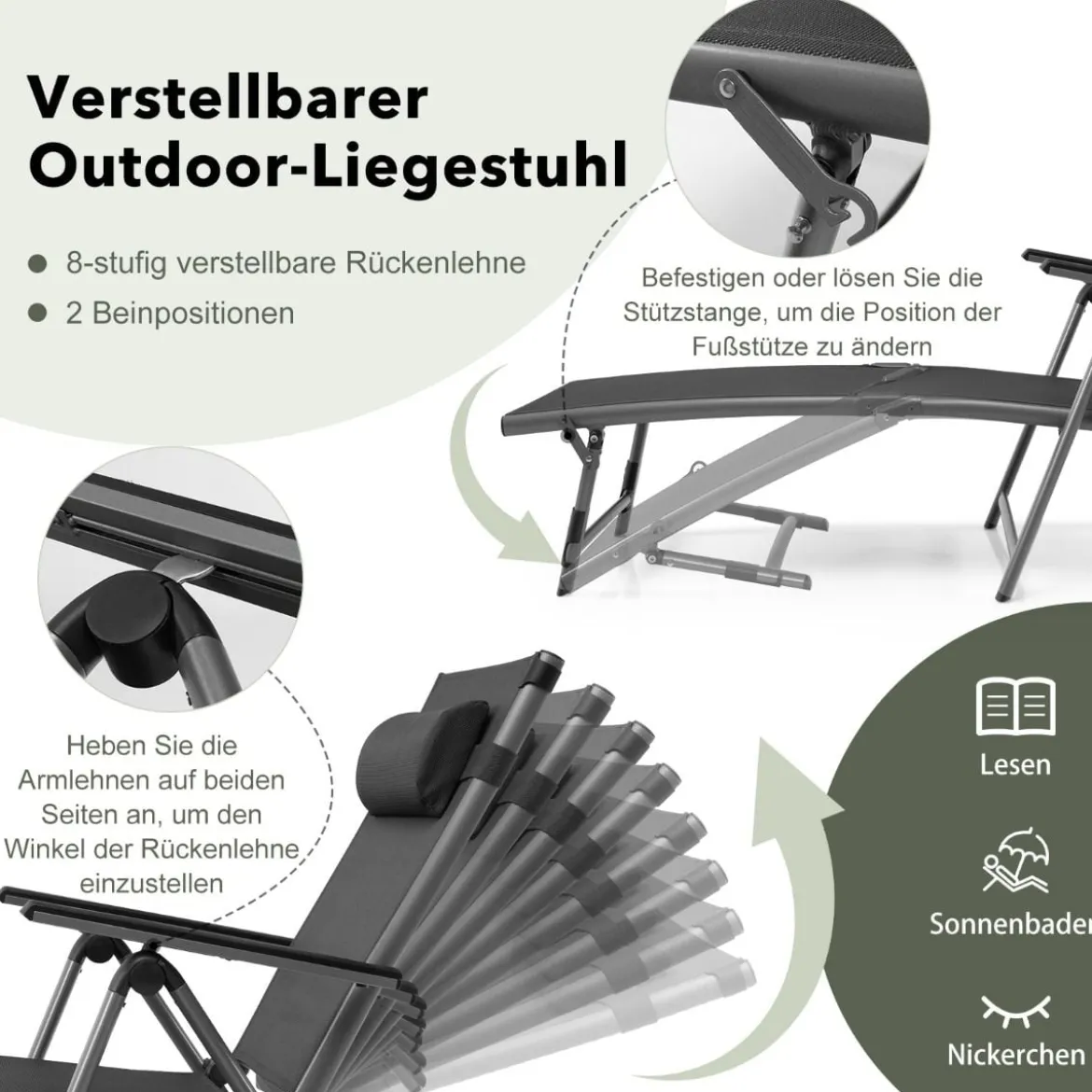 Terrassenliegestuhl Outdoor-Terrassenstuhl Klappliege mit 8 verstellbaren Rücken Schwarz
