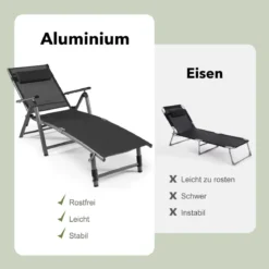 Terrassenliegestuhl Outdoor-Terrassenstuhl Klappliege mit 8 verstellbaren Rücken Schwarz