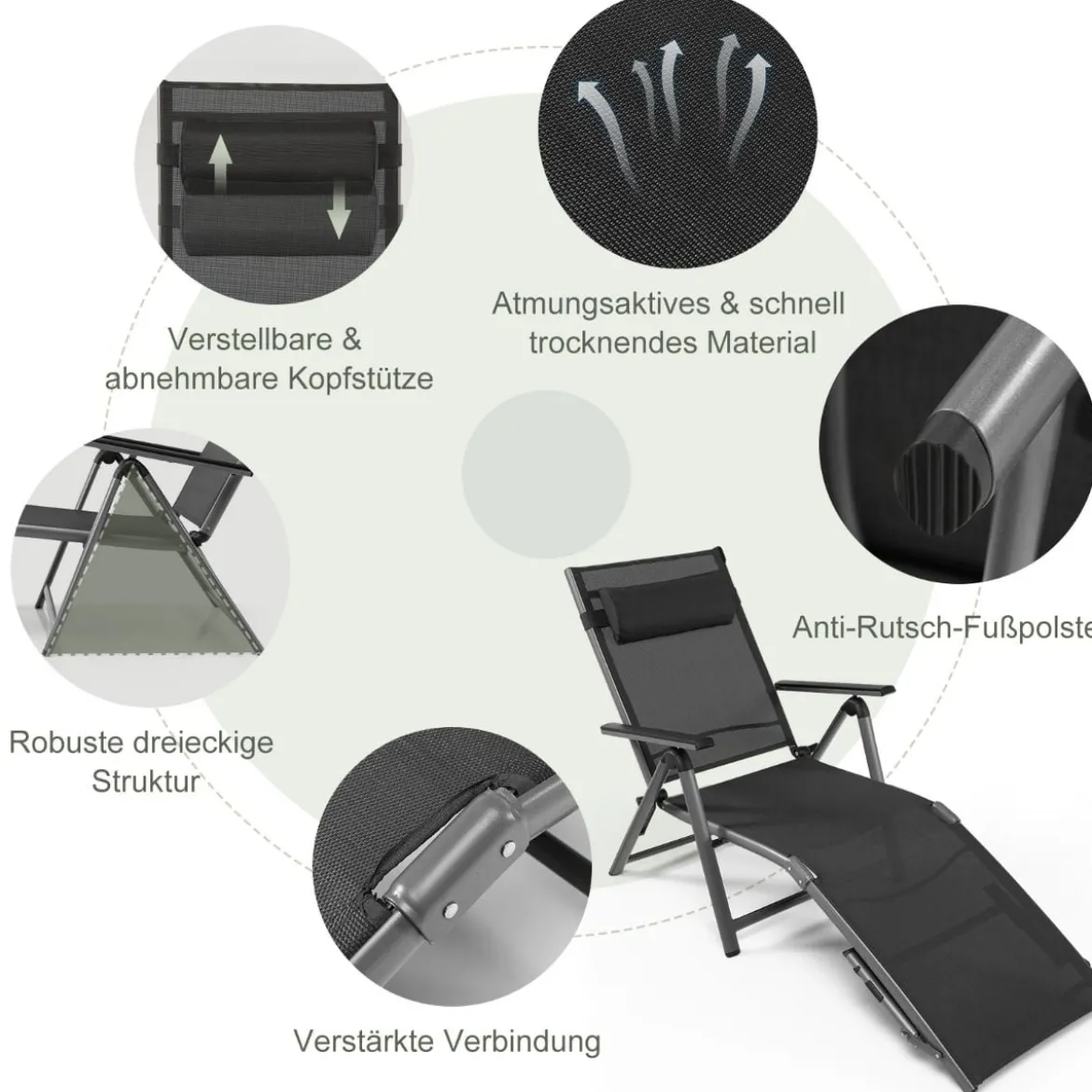 Terrassenliegestuhl Outdoor-Terrassenstuhl Klappliege mit 8 verstellbaren Rücken Schwarz