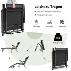 Terrassenliegestuhl Outdoor-Terrassenstuhl Klappliege mit 8 verstellbaren Rücken Schwarz