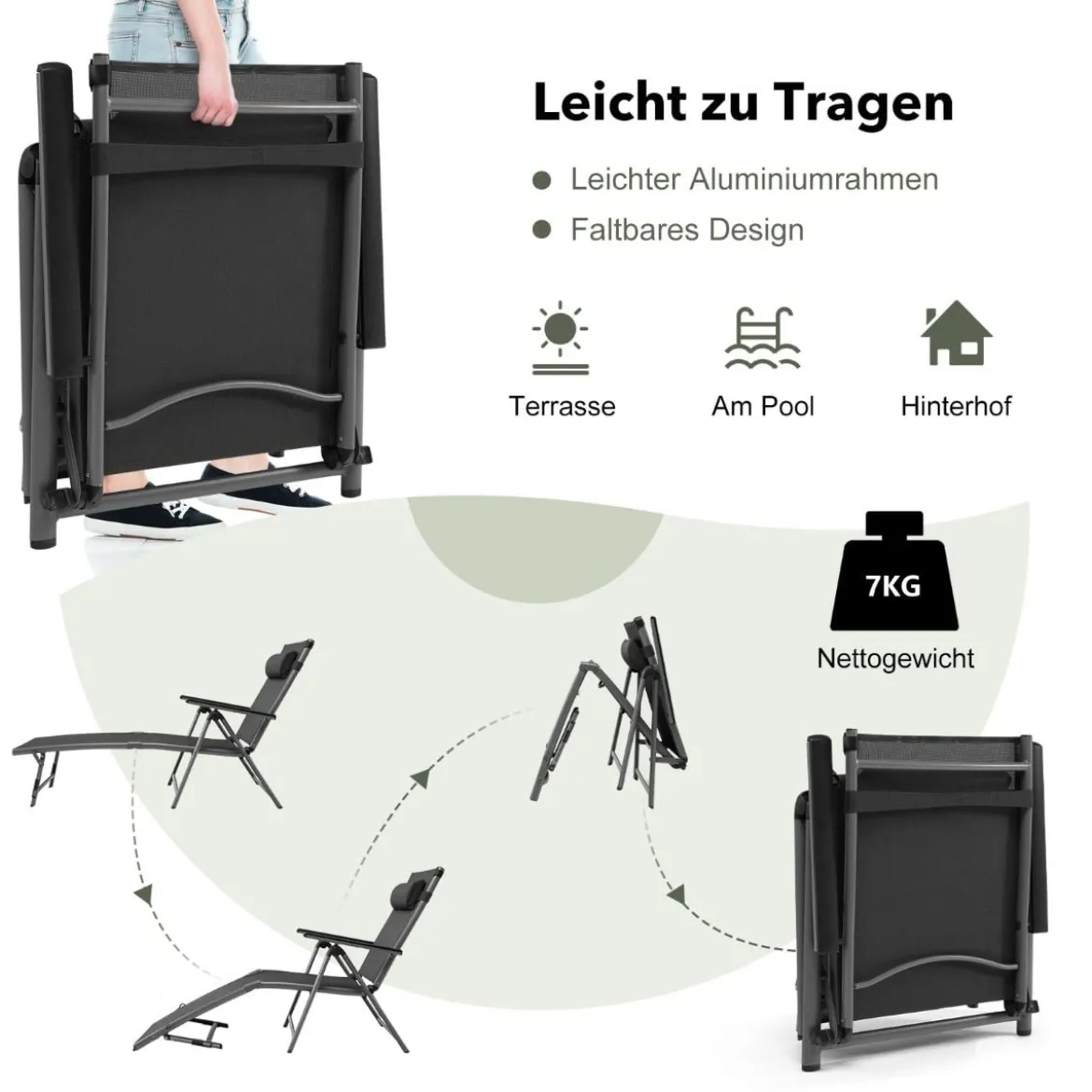 Terrassenliegestuhl Outdoor-Terrassenstuhl Klappliege mit 8 verstellbaren Rücken Schwarz