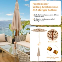 Terrassenschirm Marktschirm aus Holz mit Seilzugmechanismus 283 x 252,5 cm Beige