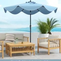 Terrassenschirm mit Kurbel Neigung per Druckknopf & Gerüschten Kanten Tischschirm Marineblau/Beige