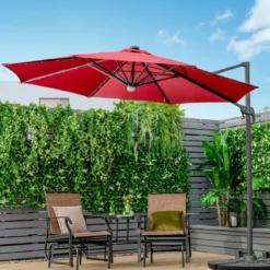 Terrassenschirm mit 28 LED-Lichtern & Nabenleuchte für Cafés Pools Gärten Ø300 x 253 cm Weinrot