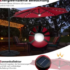 Terrassenschirm mit 28 LED-Lichtern & Nabenleuchte für Cafés Pools Gärten Ø300 x 253 cm Weinrot