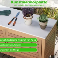 Terrassenschrank aus Holz 2-türiger Aufbewahrungsschrank mit Kunstmarmorplatte Regal Natur