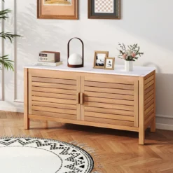 Terrassenschrank aus Holz 2-türiger Aufbewahrungsschrank mit Kunstmarmorplatte Regal Natur