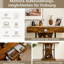 T-Förmiger Konsolentisch für kleine Räume 91 x 30 x 88 cm Rustikales Braun