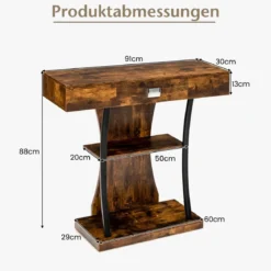 T-Förmiger Konsolentisch für kleine Räume 91 x 30 x 88 cm Rustikales Braun