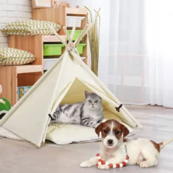 Tipi für Haustiere Zelt mit dickem und rutschfestem Kissen tragbares Haustierhaus Hundezelt Katzenzelt Beige