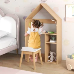 Tisch- und Stuhlset in Hausform 2-in-1-Spielzeugschrank für Kinder mit viel Stauraum 73 x 30 x 130 cm Natur + Grau