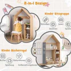Tisch- und Stuhlset in Hausform 2-in-1-Spielzeugschrank für Kinder mit viel Stauraum 73 x 30 x 130 cm Natur + Grau
