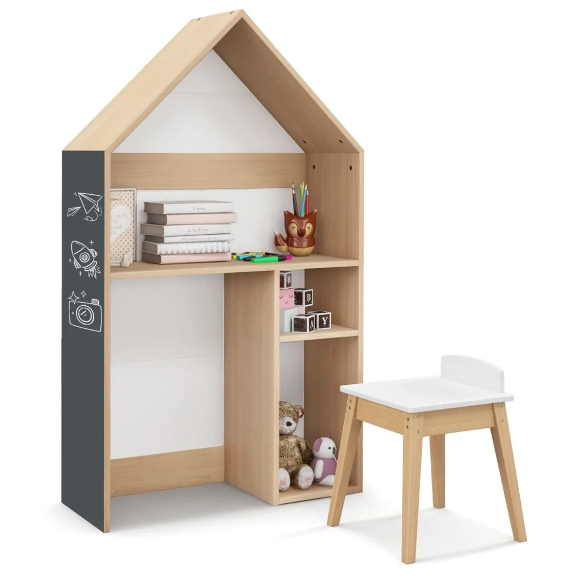 Tisch- und Stuhlset in Hausform 2-in-1-Spielzeugschrank für Kinder mit viel Stauraum 73 x 30 x 130 cm Natur + Grau