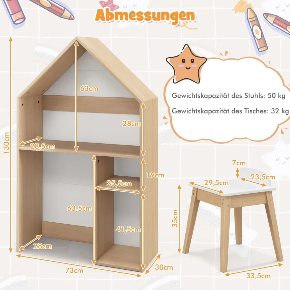 Tisch- und Stuhlset in Hausform 2-in-1-Spielzeugschrank für Kinder mit viel Stauraum 73 x 30 x 130 cm Natur + Grau