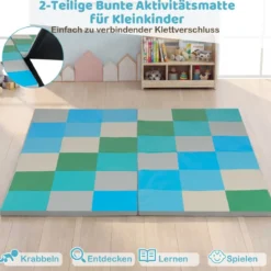 2 tlg. Baby Faltbare Krabblematte mit Kletterverschluss & Kunstleder Bodenmatte & Schaumstoff Blau