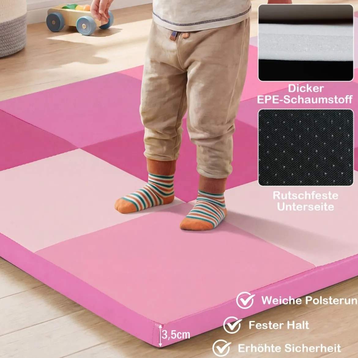 2 tlg. Baby Faltbare Krabblematte mit Kletterverschluss & Kunstleder Bodenmatte & Schaumstoff Rosa