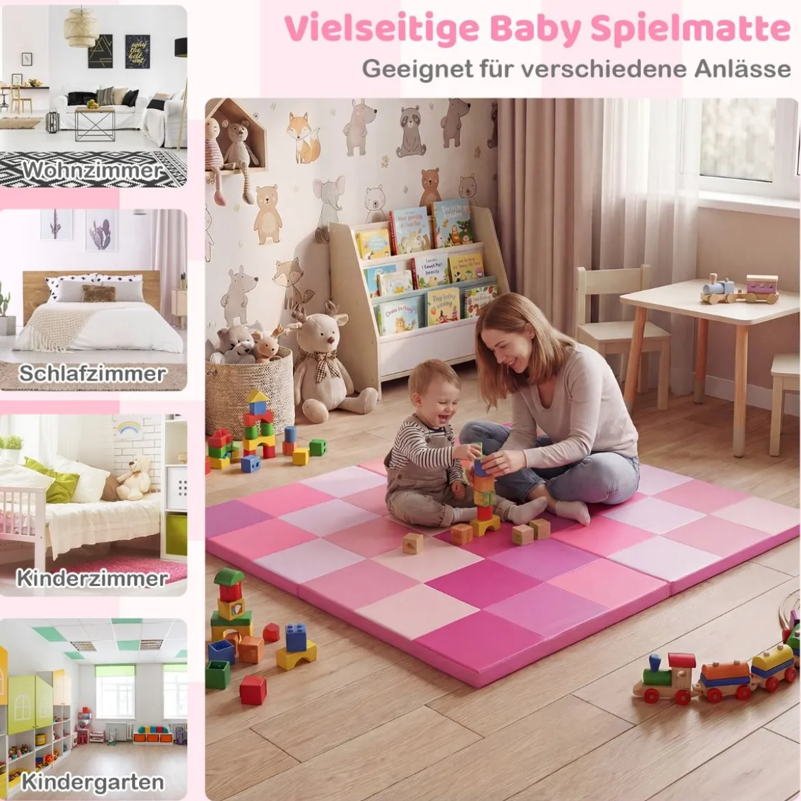 2 tlg. Baby Faltbare Krabblematte mit Kletterverschluss & Kunstleder Bodenmatte & Schaumstoff Rosa
