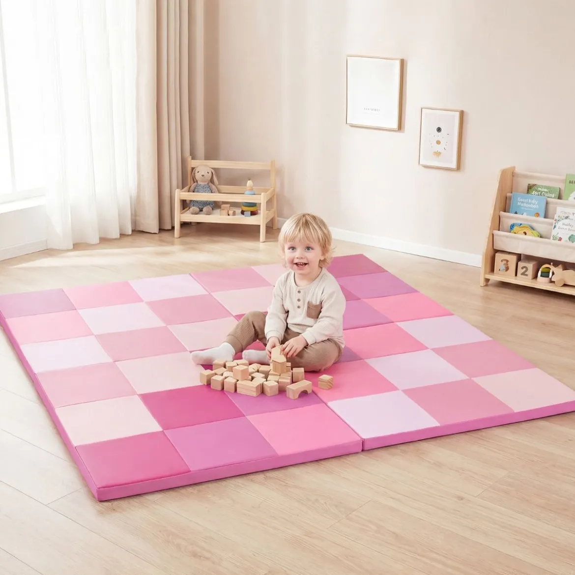 2 tlg. Baby Faltbare Krabblematte mit Kletterverschluss & Kunstleder Bodenmatte & Schaumstoff Rosa