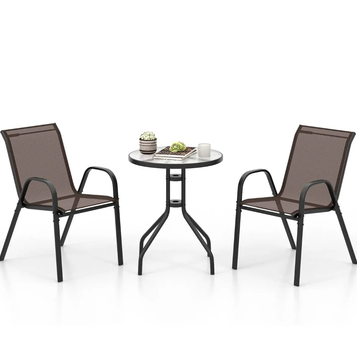 3tlg. Balkonmöbel Set Bistrotisch mit 2 Stapelbare Stühlen Bistroset Balkonset Gartenset Braun