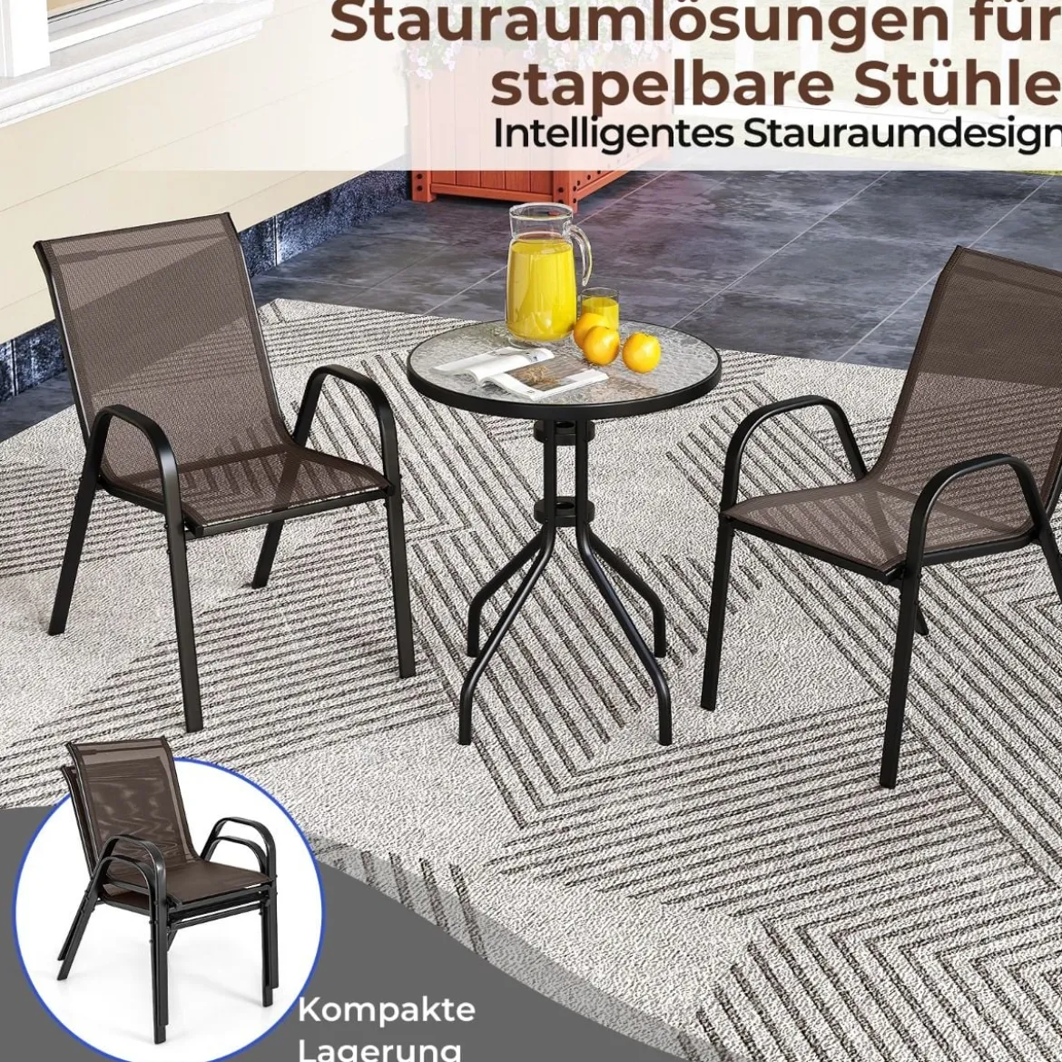 3tlg. Balkonmöbel Set Bistrotisch mit 2 Stapelbare Stühlen Bistroset Balkonset Gartenset Braun