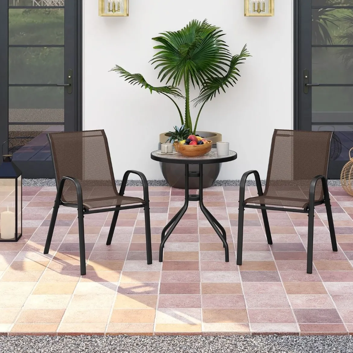 3tlg. Balkonmöbel Set Bistrotisch mit 2 Stapelbare Stühlen Bistroset Balkonset Gartenset Braun
